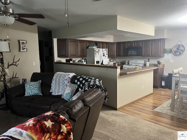 living area with light wood-style flooring, a textured ceiling, and a ceiling fan