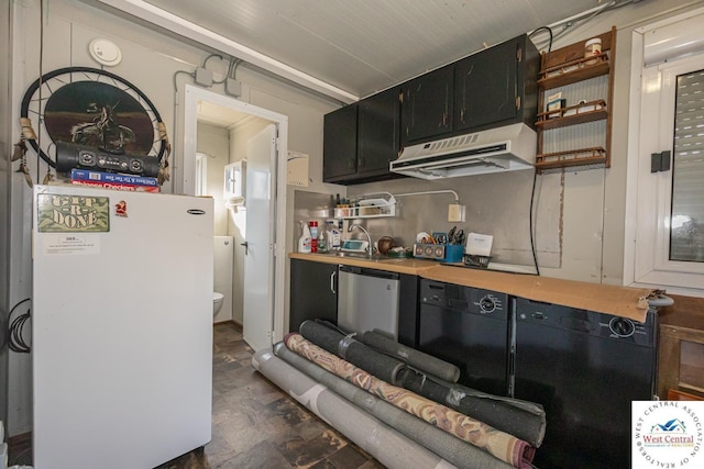 kitchen featuring ventilation hood, open shelves, black dishwasher, stainless steel dishwasher, and dark cabinets