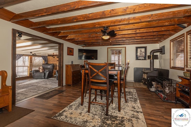 dining room with beam ceiling, a wood stove, a ceiling fan, and wood finished floors