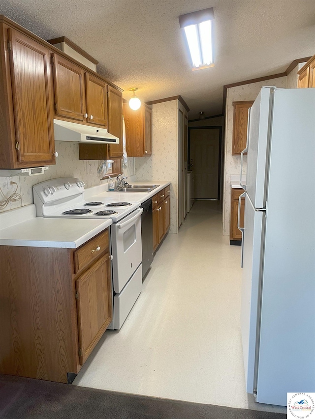 kitchen featuring light floors, brown cabinetry, a sink, white appliances, and under cabinet range hood