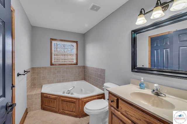 full bathroom with visible vents, toilet, tile patterned flooring, vanity, and a bath