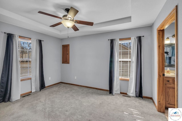 empty room with light carpet, plenty of natural light, baseboards, and a raised ceiling