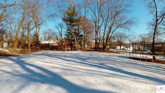 yard covered in snow featuring a residential view