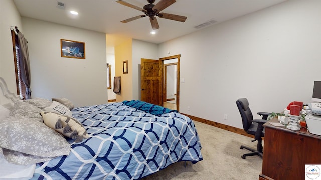 bedroom with light carpet, baseboards, visible vents, and recessed lighting