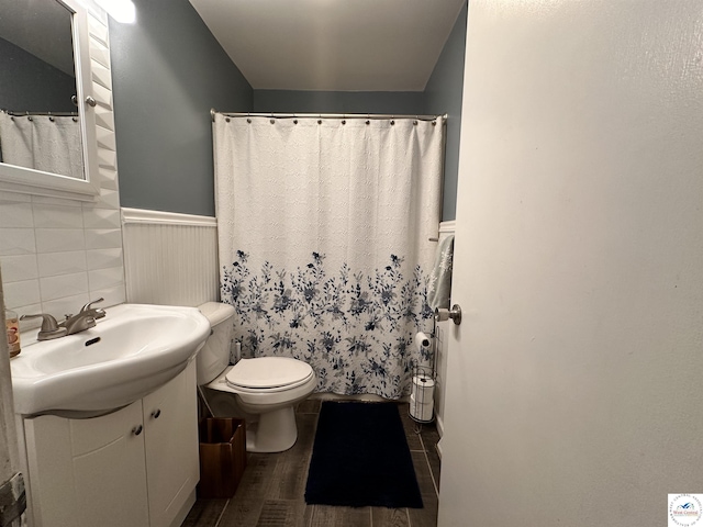 bathroom featuring toilet, a wainscoted wall, wood finished floors, and vanity