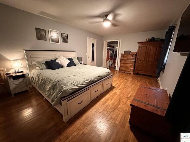 bedroom with light wood-style floors, a walk in closet, a closet, and ceiling fan