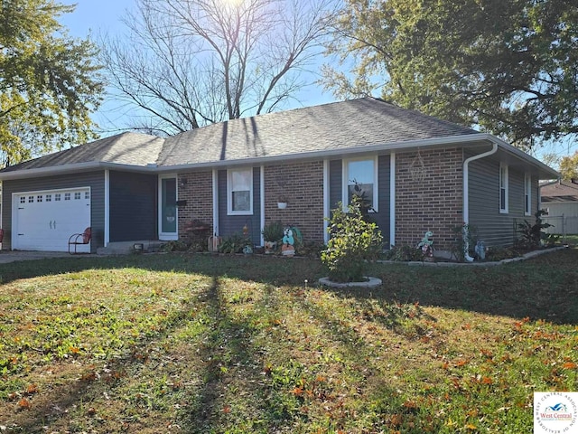 ranch-style home with brick siding, roof with shingles, an attached garage, and a front yard