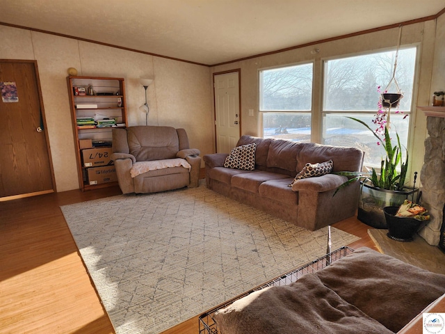 living room featuring crown molding and wood finished floors