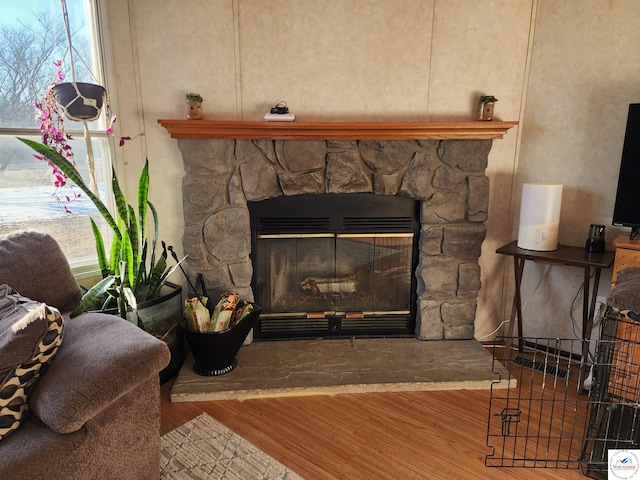 details with wood finished floors and a stone fireplace