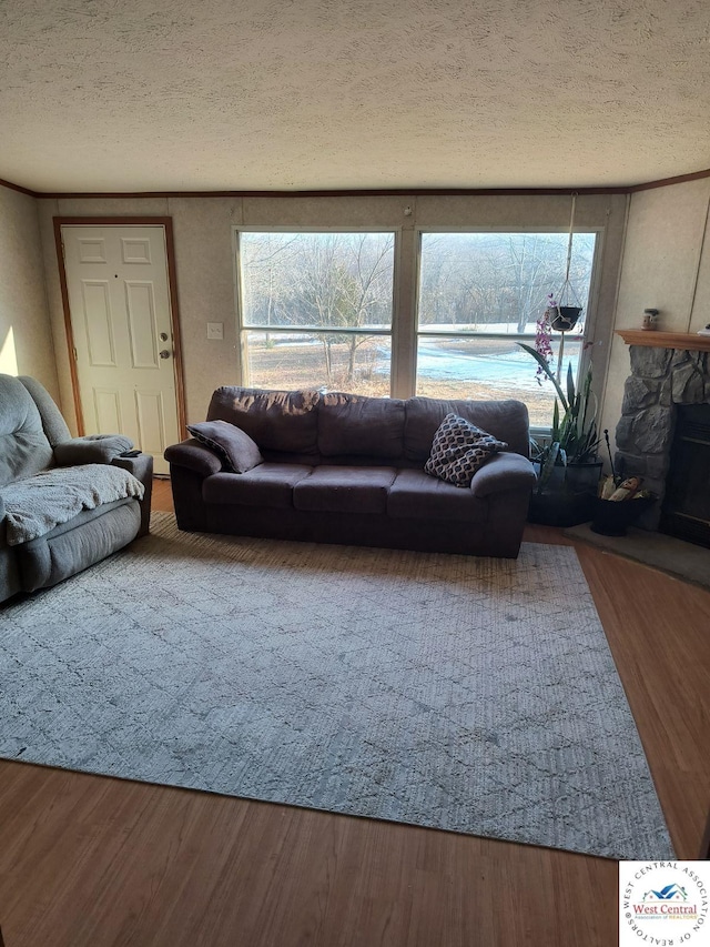 living area with a stone fireplace, a healthy amount of sunlight, a textured ceiling, and wood finished floors