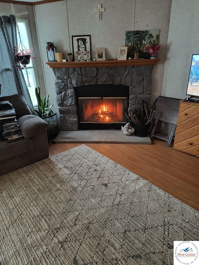 details with a fireplace and wood finished floors