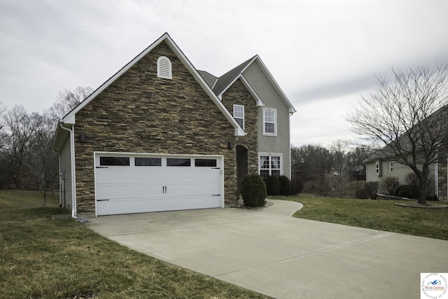 traditional-style home with concrete driveway, a front lawn, and stone siding