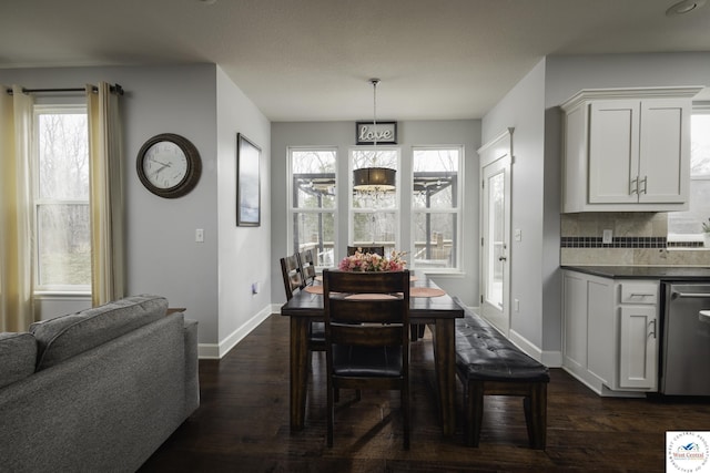 dining space with dark wood-style floors, a healthy amount of sunlight, and baseboards