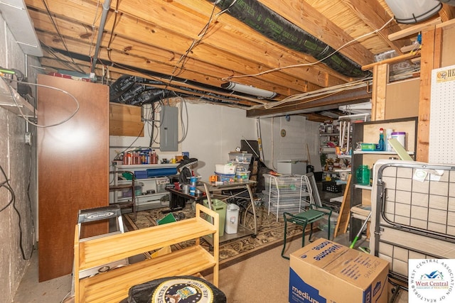 unfinished basement featuring electric panel