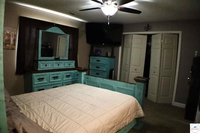 bedroom featuring a closet, visible vents, and a ceiling fan