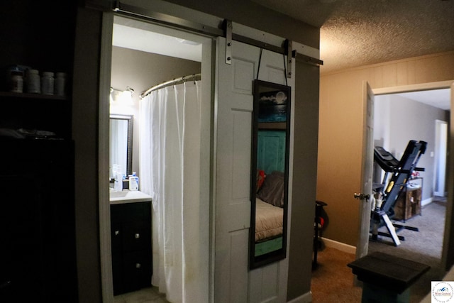 interior space featuring a barn door, carpet flooring, and a textured ceiling