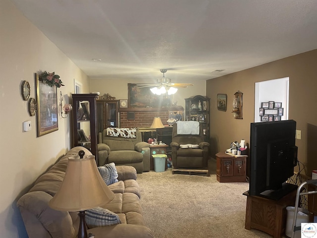 living room with carpet flooring and ceiling fan