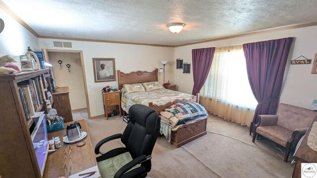 bedroom featuring light carpet, a textured ceiling, visible vents, and crown molding