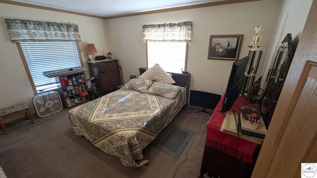 carpeted bedroom featuring multiple windows and ornamental molding