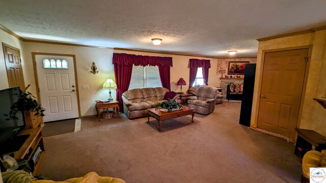 living room with a textured ceiling, ornamental molding, carpet flooring, and a stone fireplace