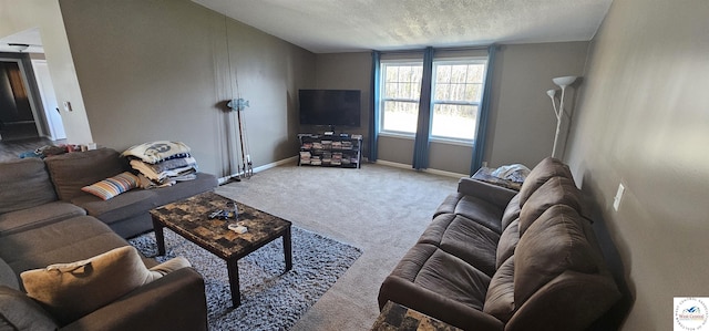 carpeted living room with a textured ceiling and baseboards