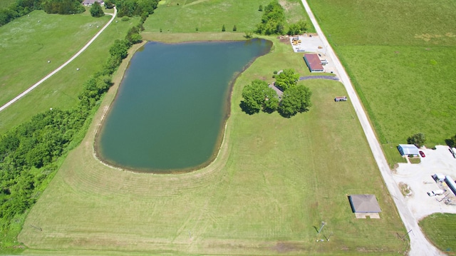 aerial view featuring a water view and a rural view