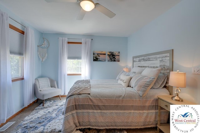 bedroom featuring carpet floors, visible vents, ceiling fan, and multiple windows