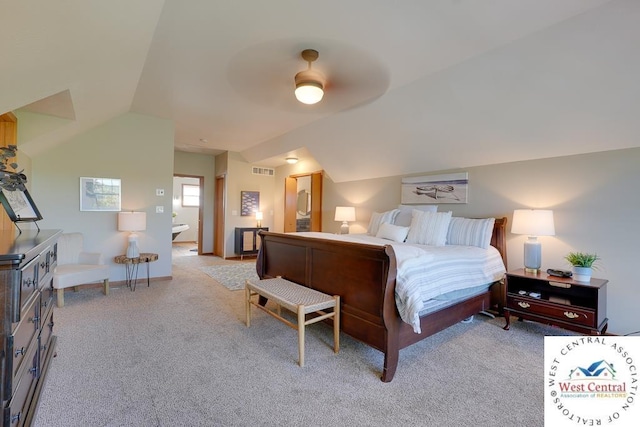 bedroom with light carpet, baseboards, visible vents, a ceiling fan, and vaulted ceiling