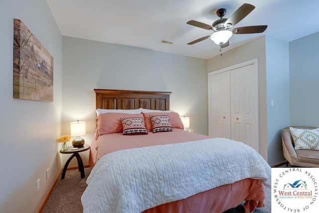 bedroom featuring baseboards, visible vents, ceiling fan, carpet flooring, and a closet