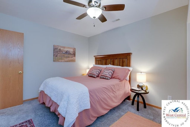 carpeted bedroom with baseboards, visible vents, and ceiling fan