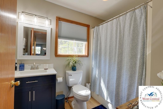 full bath with toilet, a shower with shower curtain, and vanity