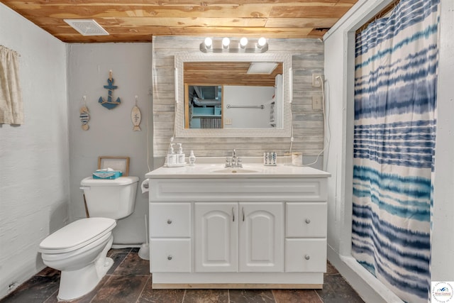 bathroom featuring wooden ceiling, visible vents, vanity, and toilet