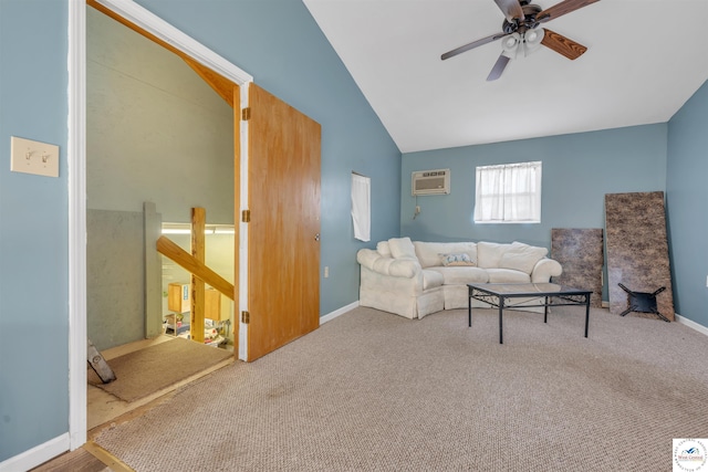 living area featuring baseboards, a ceiling fan, lofted ceiling, an AC wall unit, and carpet flooring