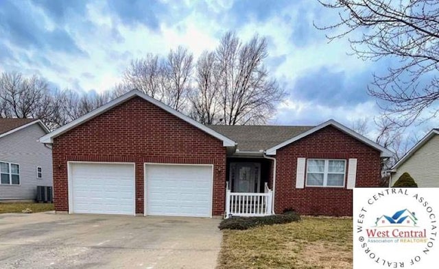 single story home with an attached garage, central AC unit, concrete driveway, and brick siding