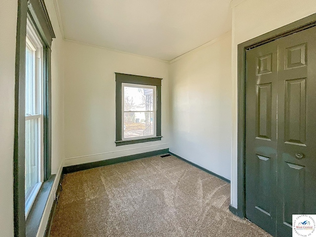 carpeted empty room with crown molding and baseboards