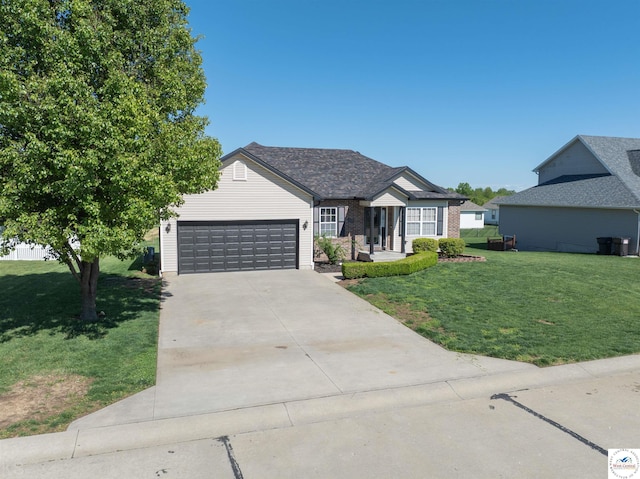 ranch-style home with a garage, driveway, and a front lawn