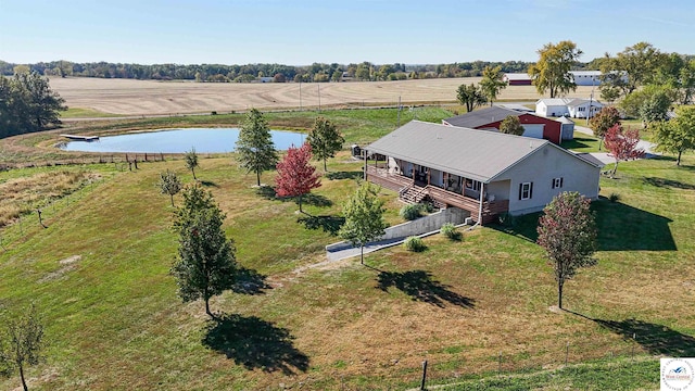 aerial view featuring a water view and a rural view