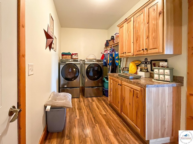 laundry area featuring cabinet space, washer and dryer, and wood finished floors