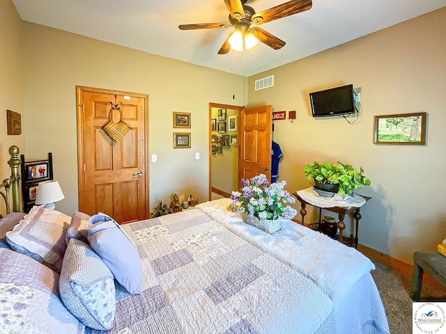 bedroom with a ceiling fan and visible vents