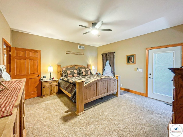 bedroom featuring light carpet, baseboards, visible vents, and ceiling fan