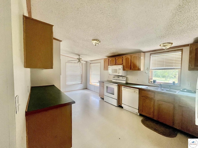 kitchen featuring a textured ceiling, white appliances, a sink, a ceiling fan, and brown cabinetry