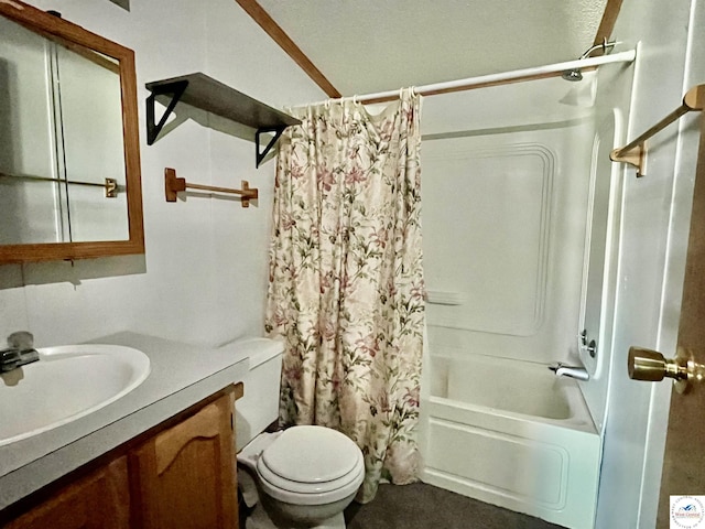 bathroom with shower / bath combination with curtain, vanity, and toilet