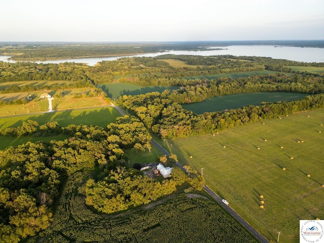 drone / aerial view with a water view and a rural view