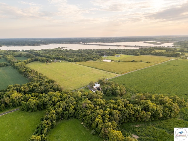 bird's eye view with a water view and a rural view