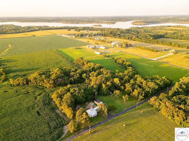 aerial view featuring a rural view and a water view