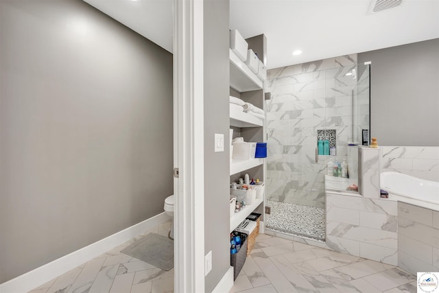 full bathroom featuring marble finish floor, visible vents, toilet, a walk in shower, and baseboards