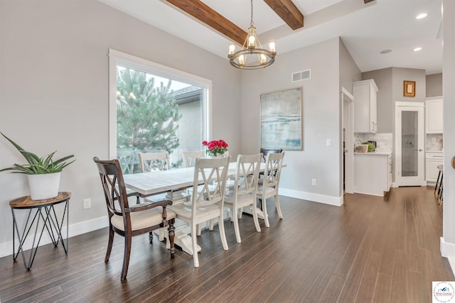 dining space featuring dark wood-style floors, a notable chandelier, visible vents, beamed ceiling, and baseboards