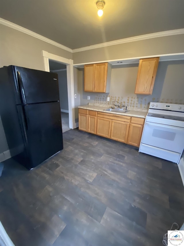 kitchen featuring white range with electric stovetop, light countertops, ornamental molding, freestanding refrigerator, and a sink