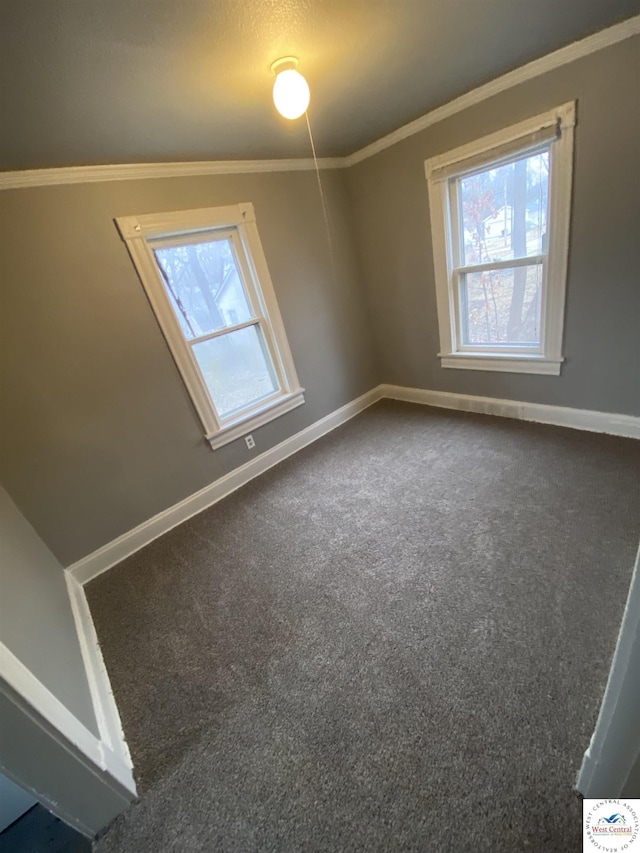 empty room with carpet floors, a wealth of natural light, baseboards, and crown molding