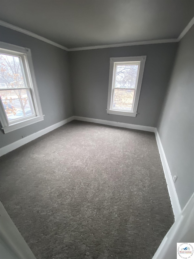 carpeted spare room with plenty of natural light, ornamental molding, and baseboards